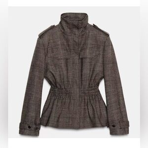 Zara ZW Collection Plaid Peplum Jacket in Brown Marl  Size S NWT